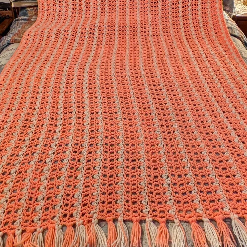 Peach and Cream Afghan / Women's Red Scarf Wrap
